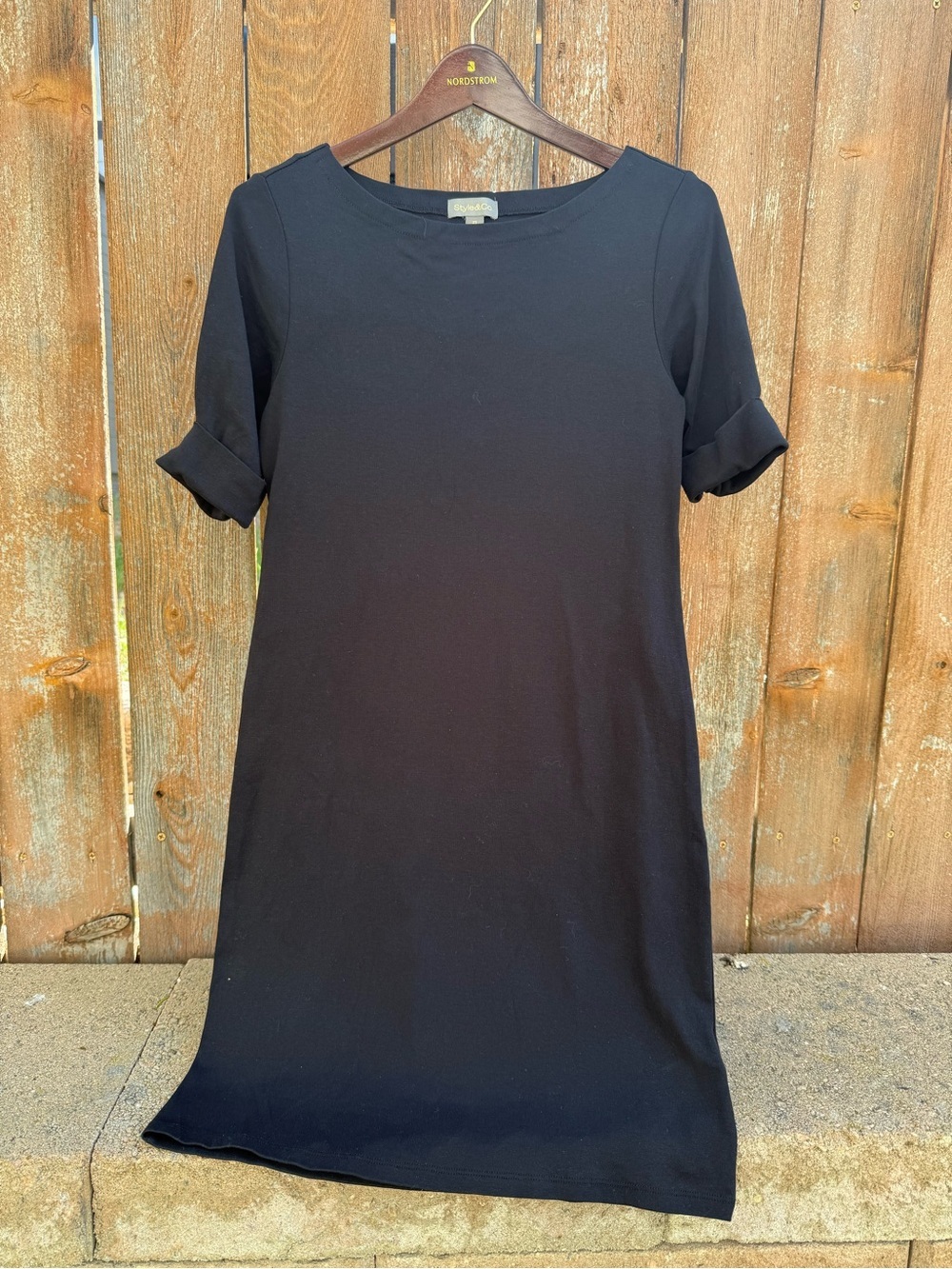 Style & Co Women’s Black Elbow Sleeve Midi Shift Sheath Dress Size XS - Picture 2 of 8